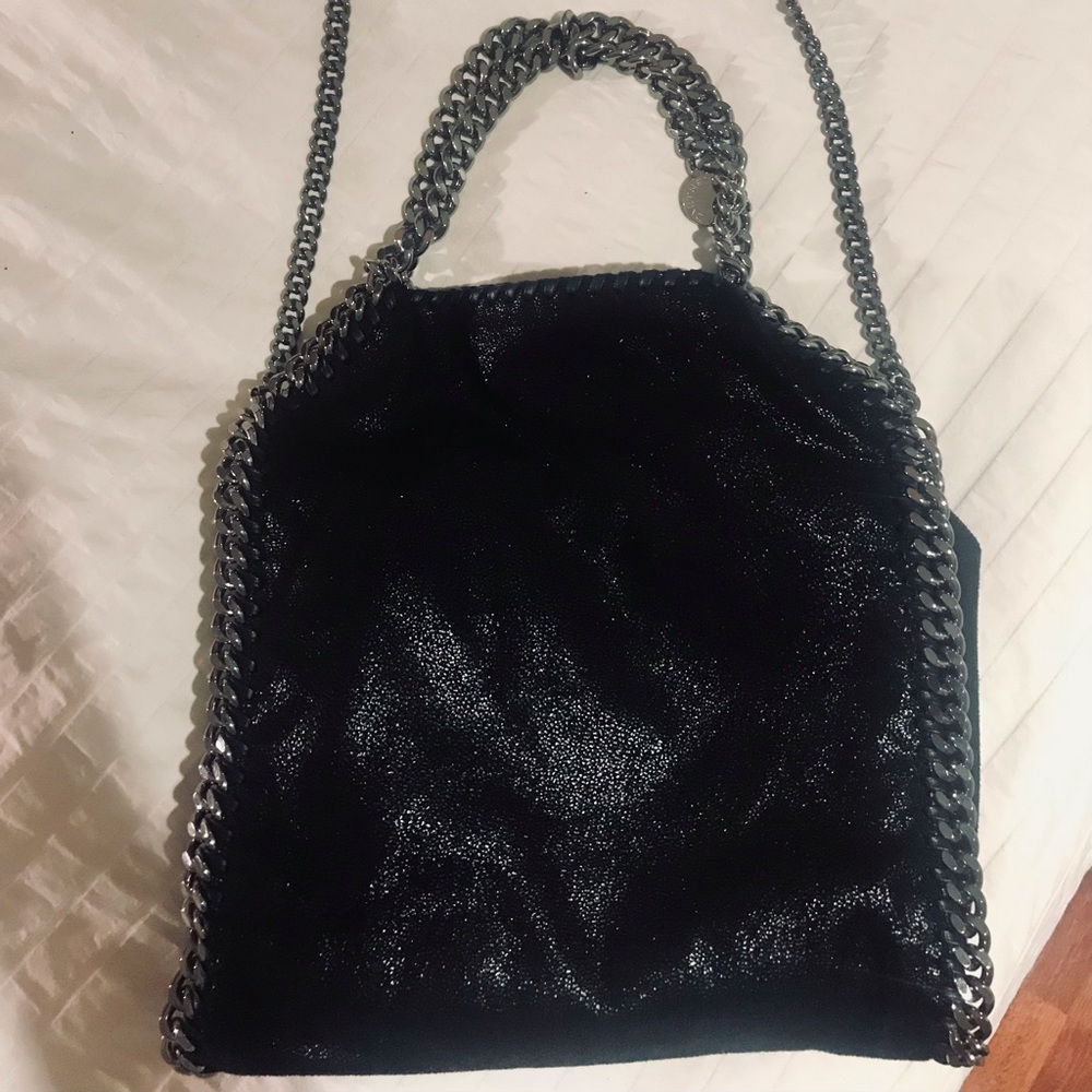 Stella McCartney Black Vegan Shoulder Tote with Silver Chain Trim